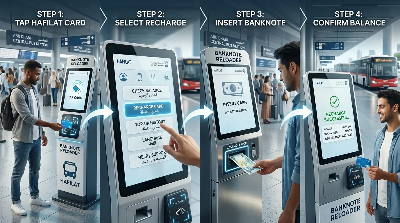 Four-step-infographic-demonstrating-how-to-recharge-a-Hafilat-card-using-a-banknote-reloader-at-a-bus-station.