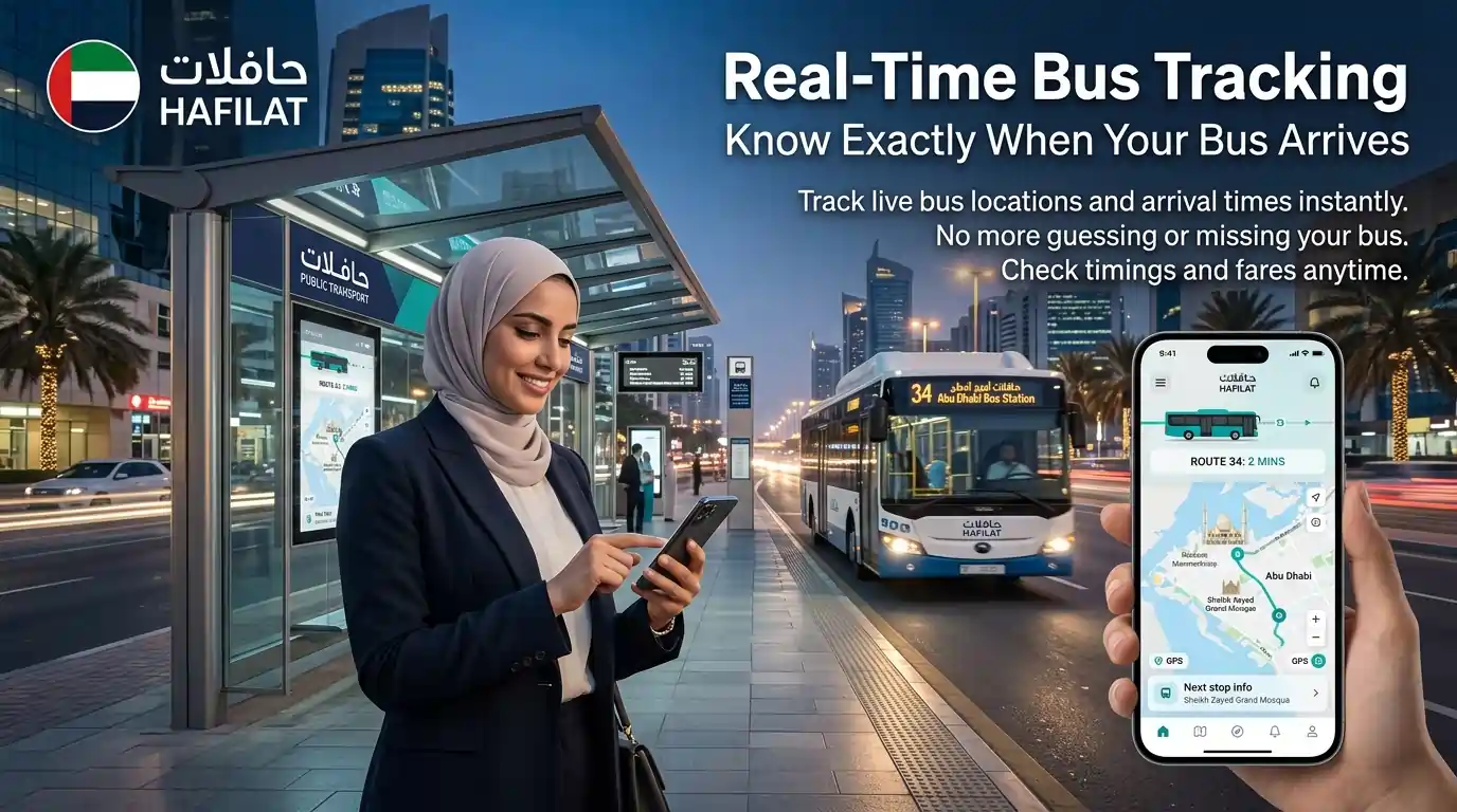woman-at-abu-dhabi-bus-station-holding-smartphone-displaying-hafilat-real-time-bus-tracking-darb-app-with-bus-approaching-modern-city-street-background