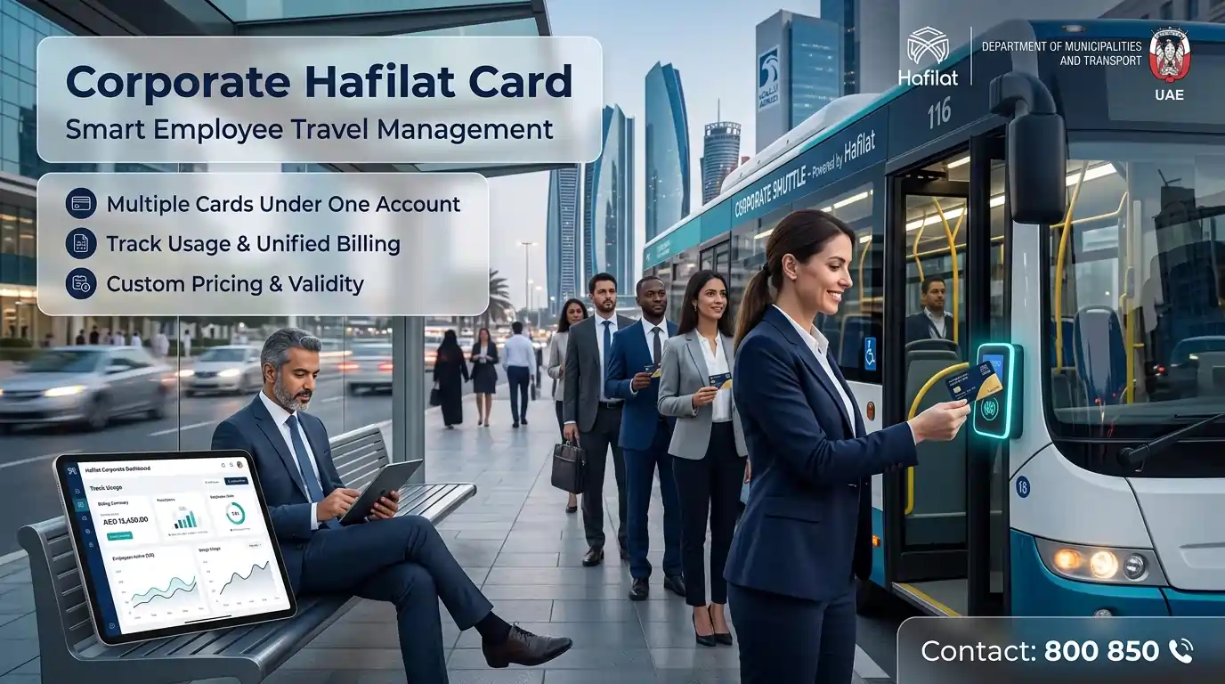 business-professionals-in-suits-queuing-to-board-corporate-shuttle-bus-with-woman-tapping-corporate-hafilat-card-and-man-reviewing-travel-management-dashboard-on-tablet-in-abu-dhabi-city-background