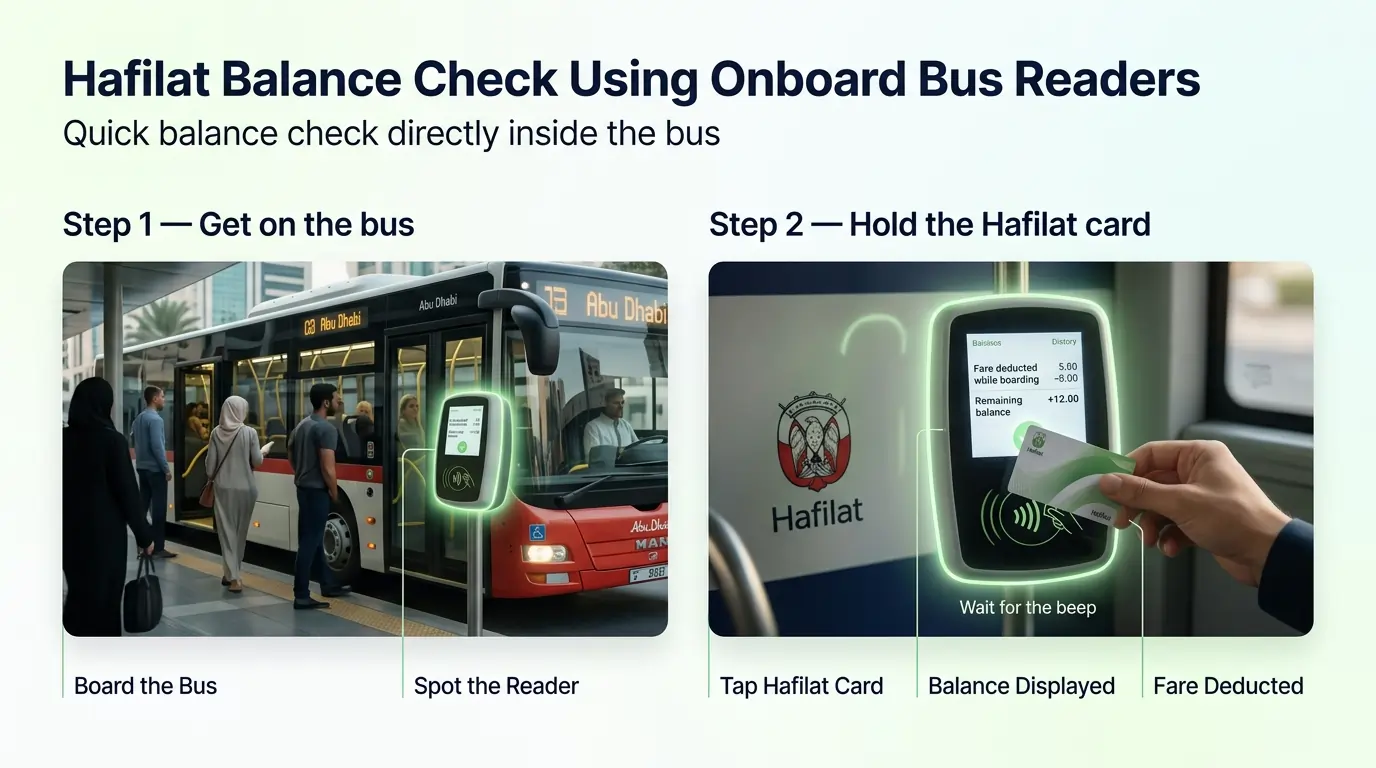 Two-step-infographic-explaining-how-to-check-a-Hafilat-card-balance-directly-using-an-onboard-bus-card-reader.