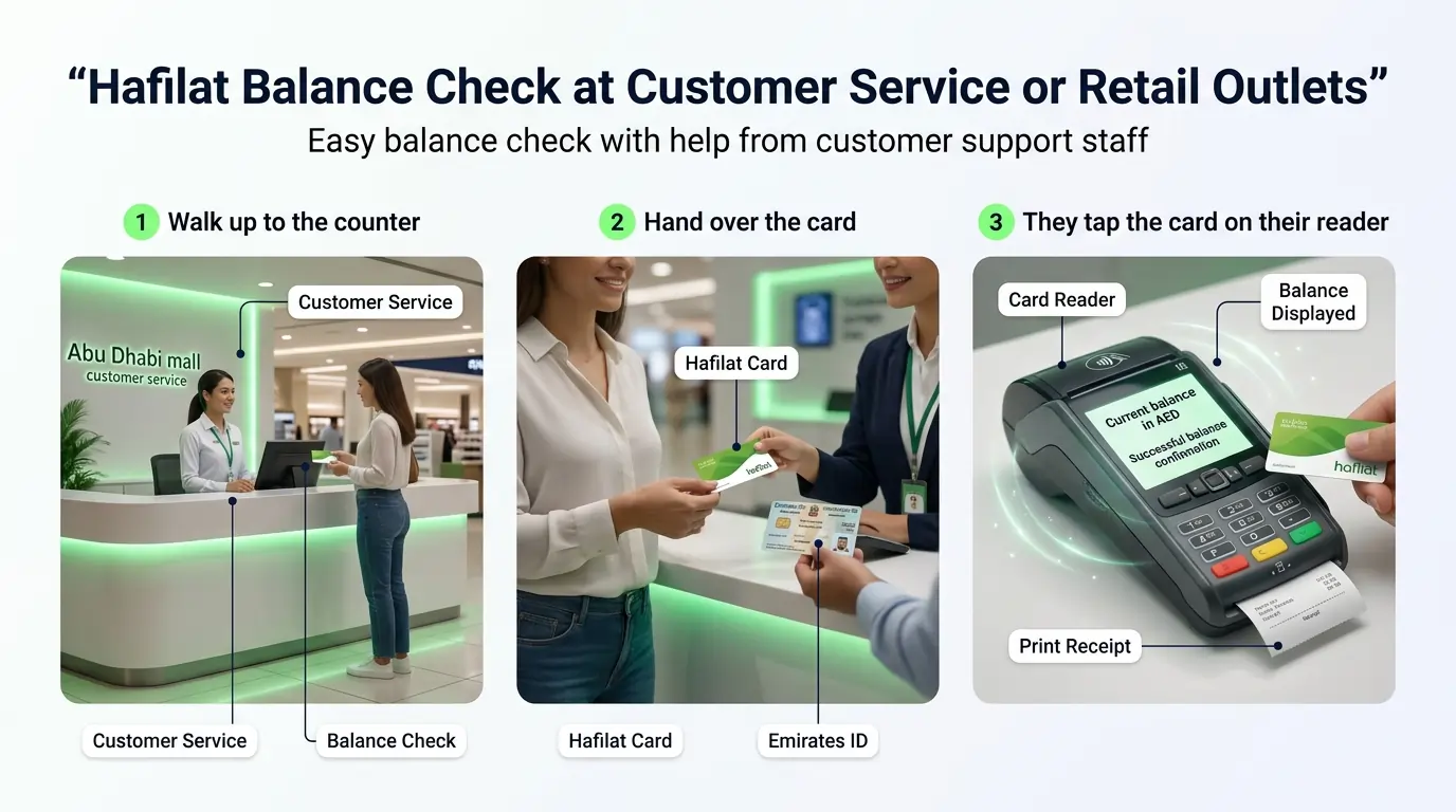 Three-step-infographic-explaining-how-to-check-a-Hafilat-card-balance-at-customer-service-desks-or-authorized-retail-outlets.