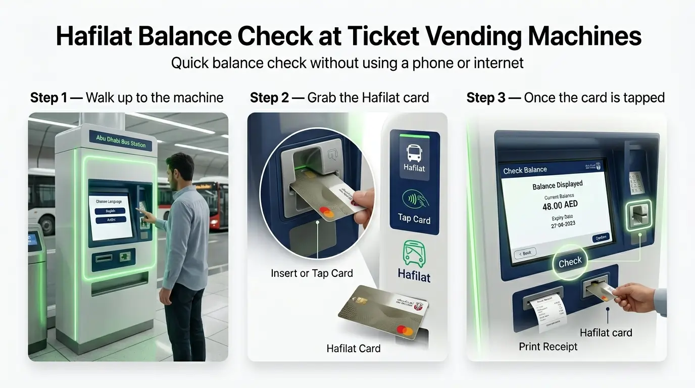 Three-step-infographic-demonstrating-how-to-check-a-Hafilat-card-balance-at-a-physical-ticket-vending-machine-terminal.