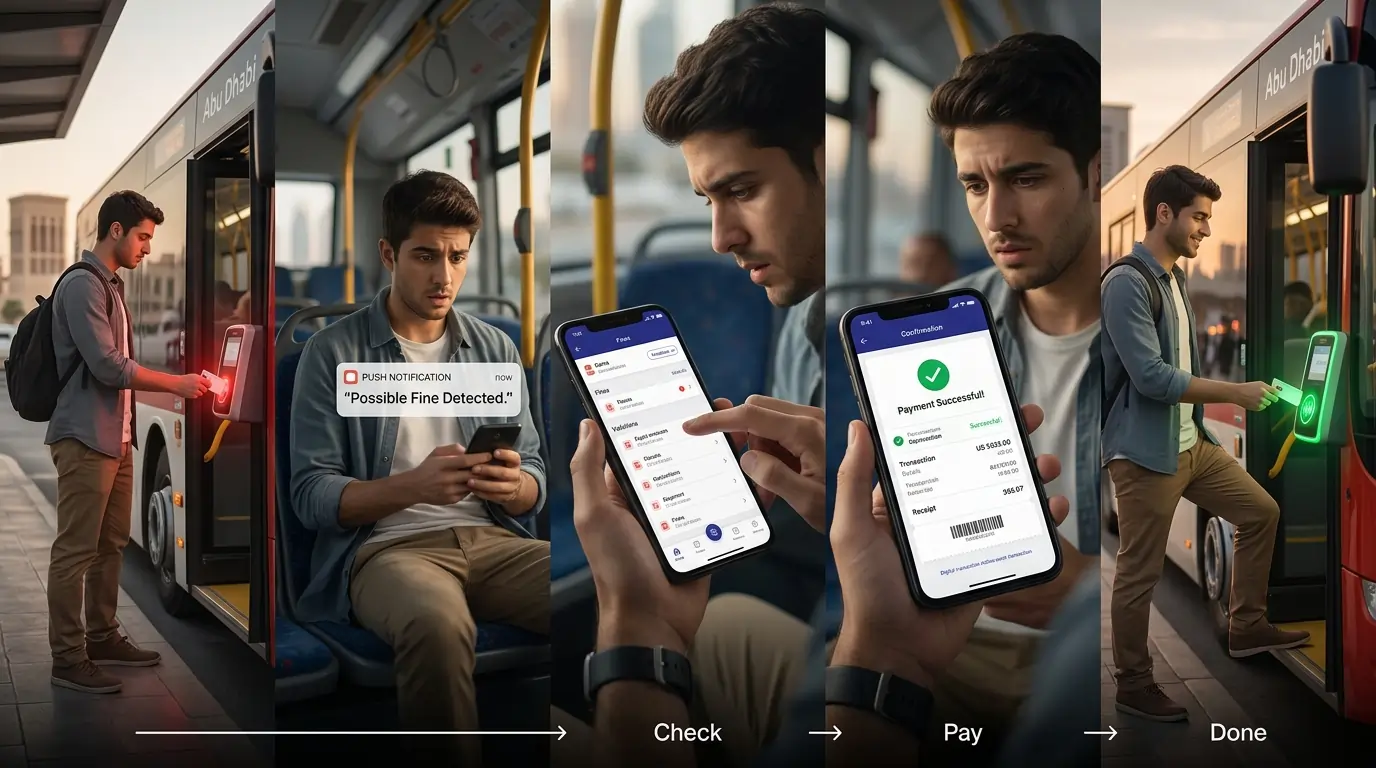 Visual-infographic-depicting-the-process-of-receiving-checking-and-paying-an-Abu-Dhabi-transport-fine-via-mobile-app.