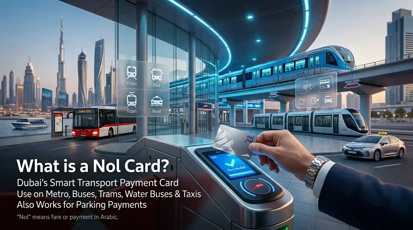 person-tapping-silver-nol-card-at-dubai-metro-gate-with-integrated-transport-scene-featuring-metro-train-bus-tram-and-taxi-against-dubai-city-skyline-background