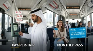 Comparison-infographic-highlighting-the-differences-between-Hafilat-pay-per-trip-fares-and-unlimited-monthly-pass-subscription-options.