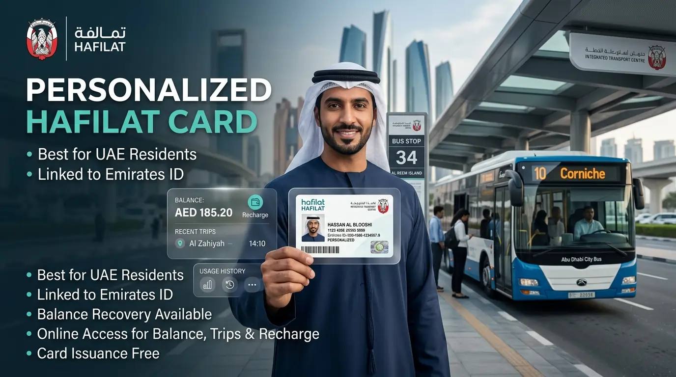 smiling-man-in-traditional-emirati-attire-holding-personalized-hafilat-card-linked-to-emirates-id-at-abu-dhabi-bus-stop-with-city-skyline-and-approaching-corniche-bus-background