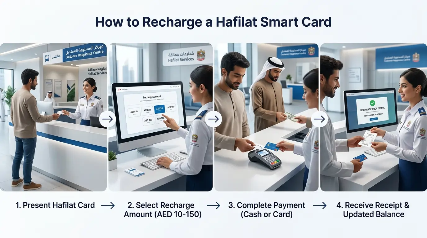 Four-step-infographic-outlining-the-Hafilat-smart-card-recharge-procedure-at-a-physical-customer-happiness-service-center-counter.