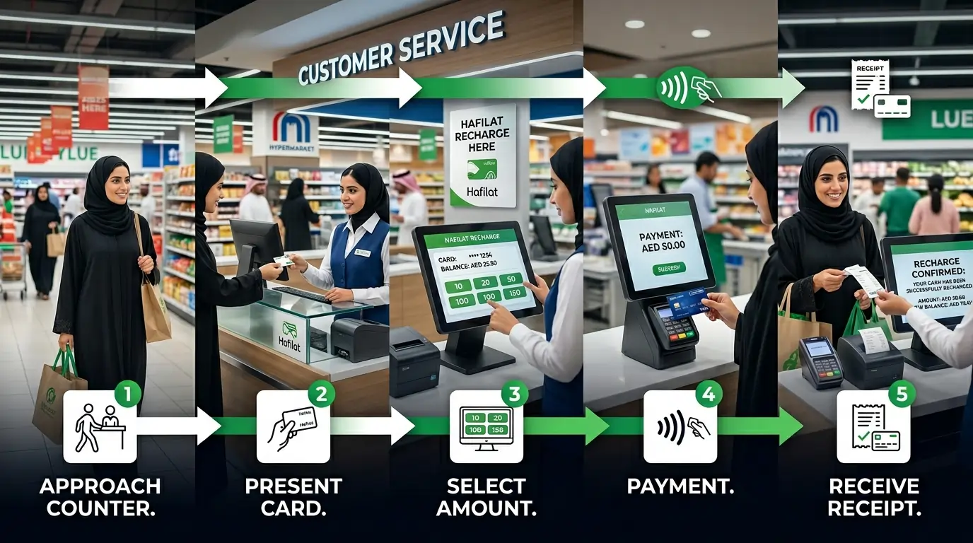 Five-step-infographic-detailing-the-Hafilat-card-recharge-process-at-a-Lulu-Hypermarket-customer-service-counter.
