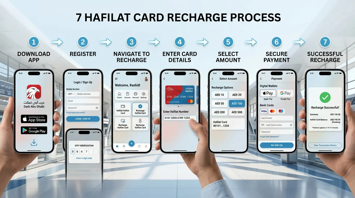 Seven-step-infographic-showing-the-mobile-app-recharge-process-for-an-Abu-Dhabi-Hafilat-transportation-card.
