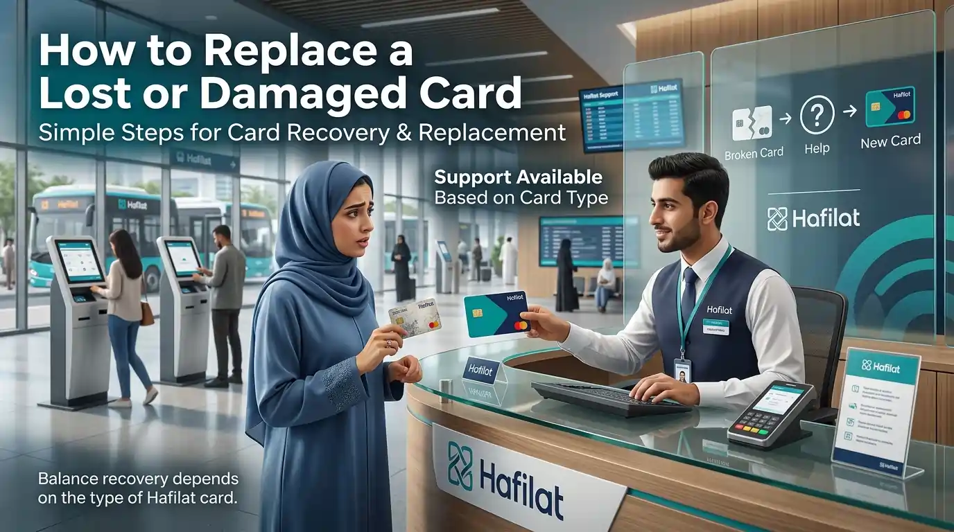 woman-in-abaya-receiving-new-hafilat-card-from-customer-service-agent-at-transport-office-with-how-to-replace-lost-or-damaged-card-instructions-and-bus-station-background