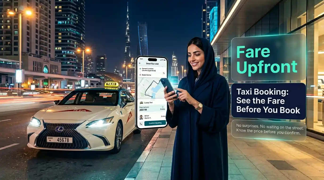 smiling-woman-in-abaya-using-taxi-booking-darb-app-on-smartphone-at-night-with-white-rta-lexus-taxi-and-burj-khalifa-dubai-skyline-background