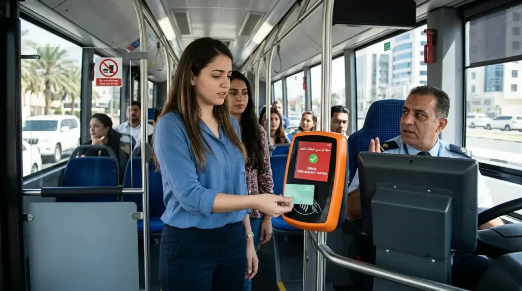 passenger-trying-to-share-one-hafilat-card-on-bus-with-error-message-showing.