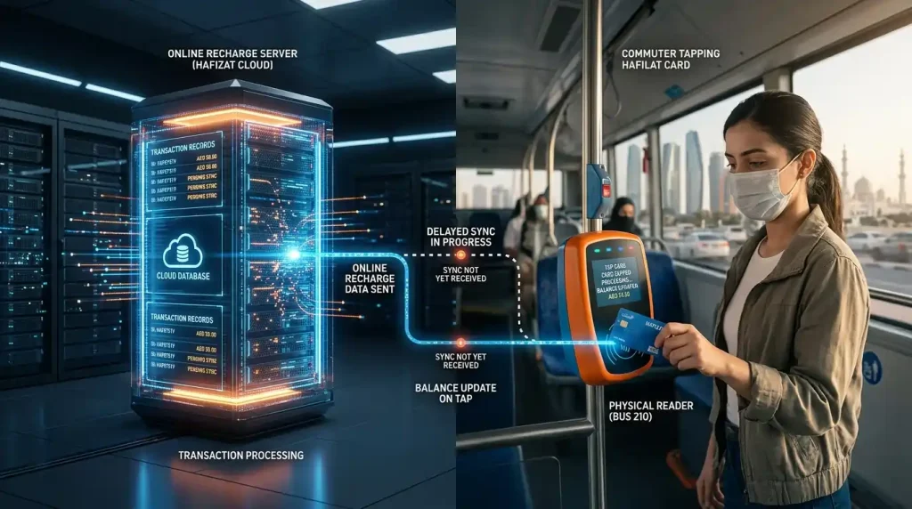 split-scene showing Hafilat online recharge system syncing with physical card reader where balance updates only after tapping the card on a bus or station machine.